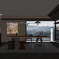 Modern Tea Room Interior With Wooden Table Teaware Pendant Lights And Mountain View