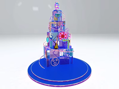 Colorful Layered Decorative Tower With Blue Base And Pink Flower Accents 3d model