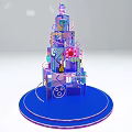 Colorful Layered Decorative Tower With Blue Base And Pink Flower Accents