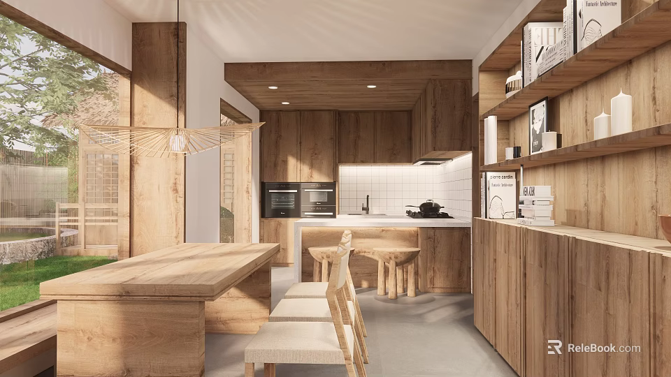 Wooden Restaurant Interior With Open Design Dining Table Chairs Pendant Light And Cabinets 3d model 