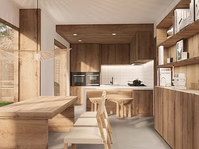 Wooden Restaurant Interior With Open Design Dining Table Chairs Pendant Light And Cabinets 3d model