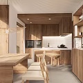 Wooden Restaurant Interior With Open Design Dining Table Chairs Pendant Light And Cabinets