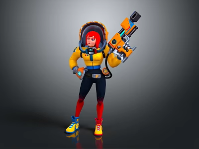 Game Character With Red Hair Yellow Jacket Holding Orange Weapon And Colorful Sneakers 3d model
