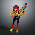 Game Character With Red Hair Yellow Jacket Holding Orange Weapon And Colorful Sneakers