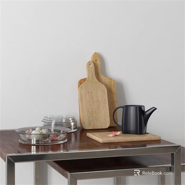 Carved Wooden Cutting Board With Black Kettle And Glass Bowls In Kitchen Setup 3d model 