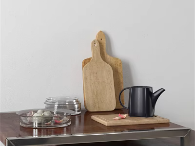 Carved Wooden Cutting Board With Black Kettle And Glass Bowls In Kitchen Setup 3d model