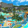 Tropical Garden Landscape with Palm Trees Pool Colorful Umbrellas Water Slides Dome Structure and Greenery