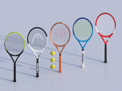 Different Colored Tennis Rackets As Sports Equipment With Tennis Balls And Sleek Design 3d model