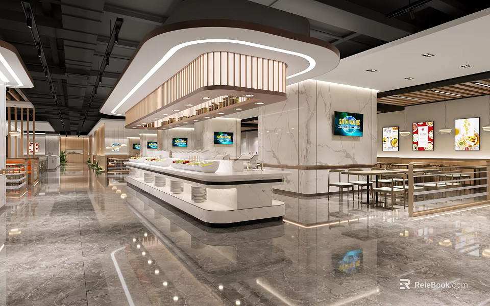 Modern Restaurant Interior Design With Marble Counter TV Screens And Tables Chairs 3d model 