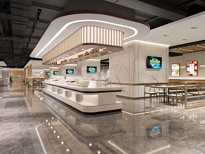 Modern Restaurant Interior Design With Marble Counter TV Screens And Tables Chairs 3d model