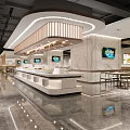 Modern Restaurant Interior Design With Marble Counter TV Screens And Tables Chairs