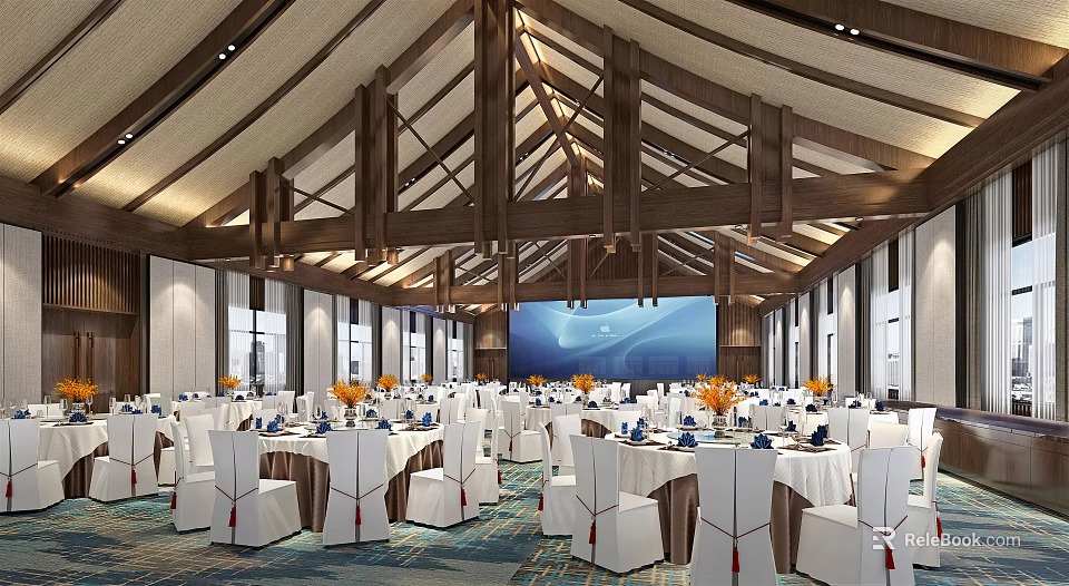 Elegant Banquet Hall With Wooden Ceiling Large Screen White Tablecloths And Orange Decorations 3d model 
