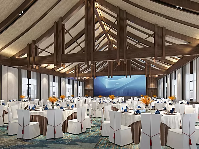 Elegant Banquet Hall With Wooden Ceiling Large Screen White Tablecloths And Orange Decorations 3d model