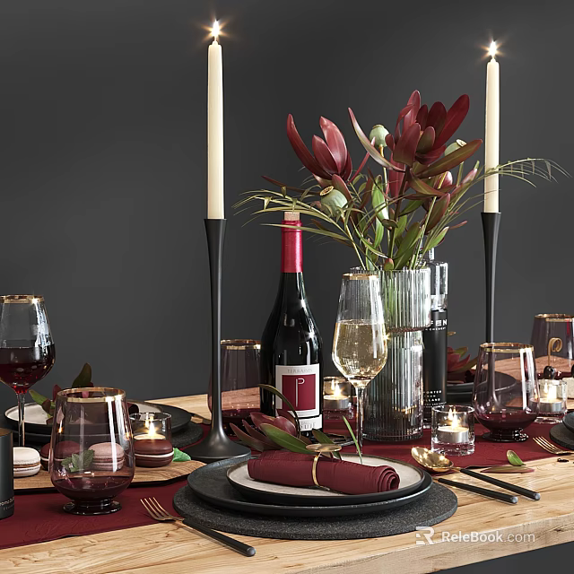 Elegant Dining Table Setup with Red Wine Bottle Wine Glasses Vase Candles and Napkins 3d model 