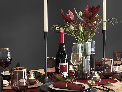 Elegant Dining Table Setup with Red Wine Bottle Wine Glasses Vase Candles and Napkins 3d model