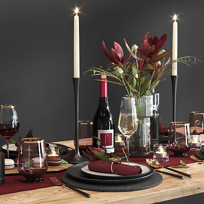 Elegant Dining Table Setup with Red Wine Bottle Wine Glasses Vase Candles and Napkins 3d model