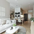 Apartment Open Concept Kitchen Dining Space With Green Cabinets Pendant Lights And Wooden Flooring