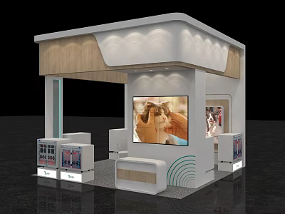 White Wooden Exhibition Booth With Wavy Ceiling Large Front Screen Cat Product Display Side Cabinets 3d model