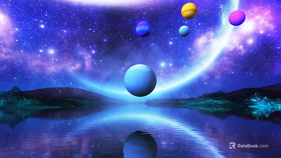 Starry Sky With Colorful Planets Nebula And Mountain Reflection On Water 3d model 