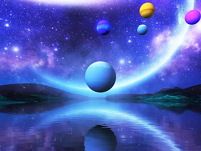 Starry Sky With Colorful Planets Nebula And Mountain Reflection On Water 3d model