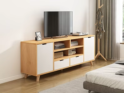 Modern Light Wood TV Stand With White Doors Drawers And Storage For Living Room 3d model