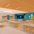 Spacious School Classroom With Blue Walls Round Lights Desks Storage Cabinets And Large Screen TV