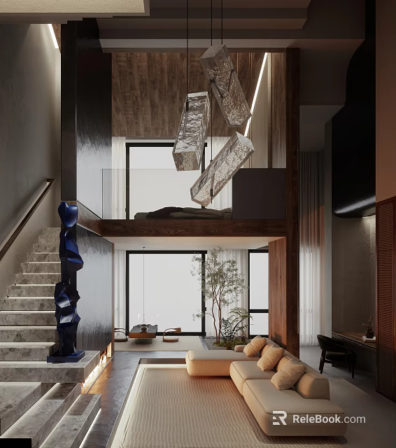 Modern Double Height Interior Design With Staircase Blue Sculpture Pendant Lights And Sofa Plant 3d model 