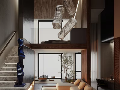 Modern Double Height Interior Design With Staircase Blue Sculpture Pendant Lights And Sofa Plant 3d model