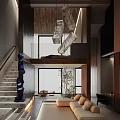 Modern Double Height Interior Design With Staircase Blue Sculpture Pendant Lights And Sofa Plant