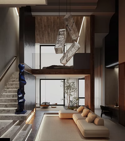 Modern Double Height Interior Design With Staircase Blue Sculpture Pendant Lights And Sofa Plant 3d model