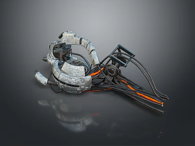 Silver Gray Mechanical Device With Black And Orange Cables On Dark Reflective Background 3d model