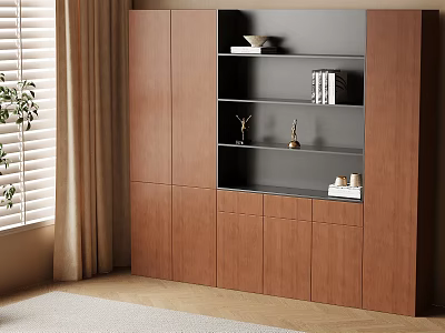 Modern Wooden Bookcase With Brown And Black Shelves And Cabinet Doors Near Window With Natural Light 3d model