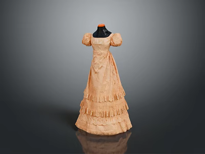 Elegant Vintage Orange Dress With Square Neckline Puffed Sleeves And Layered Ruffled Skirt 3d model
