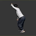 Man In White Long Sleeve Shirt And Blue Jeans Doing Punching Gesture On Gray Background