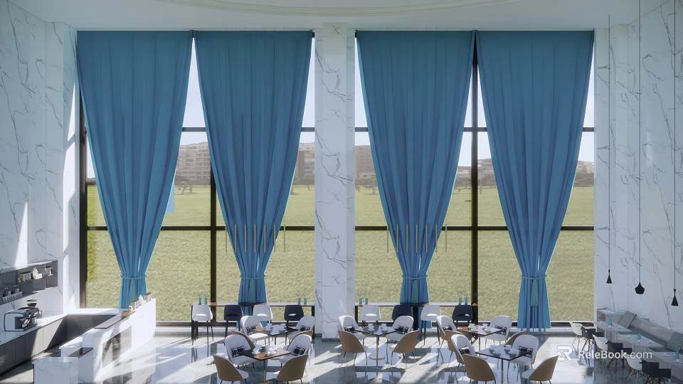 Bright Café With Large Windows Blue Curtains Marble Pillars Tables Chairs And Green Lawn Outside 3d model 
