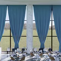 Bright Café With Large Windows Blue Curtains Marble Pillars Tables Chairs And Green Lawn Outside