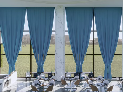 Bright Café With Large Windows Blue Curtains Marble Pillars Tables Chairs And Green Lawn Outside 3d model