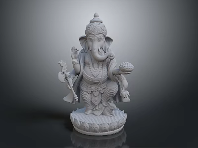 Intricate Ganesha Statue With Multiple Arms Holding Items And Decorative Pedestal Carvings 3d model