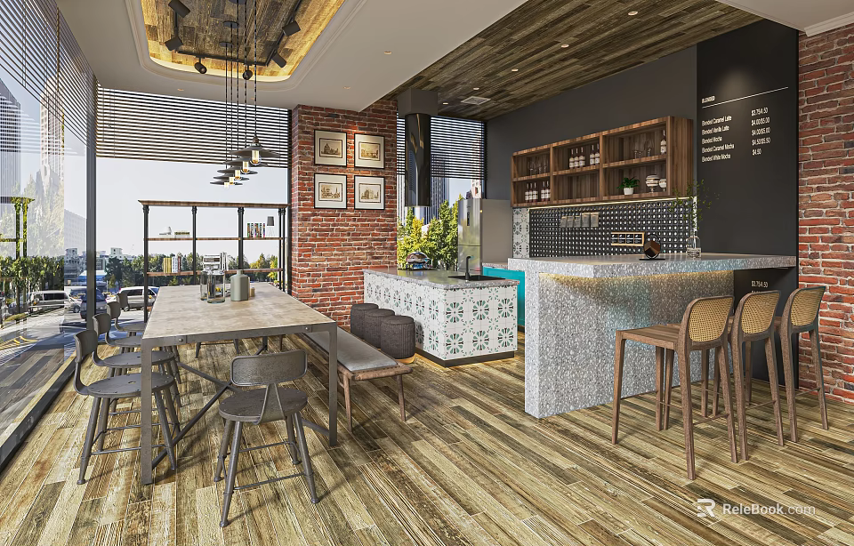 Modern Cafe Interior Featuring Wooden Ceiling Brick Wall Bar Counter Green Plants And Seating 3d model 