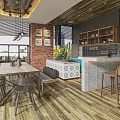 Modern Cafe Interior Featuring Wooden Ceiling Brick Wall Bar Counter Green Plants And Seating