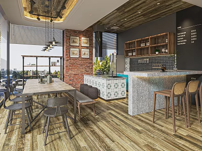 Modern Cafe Interior Featuring Wooden Ceiling Brick Wall Bar Counter Green Plants And Seating 3d model