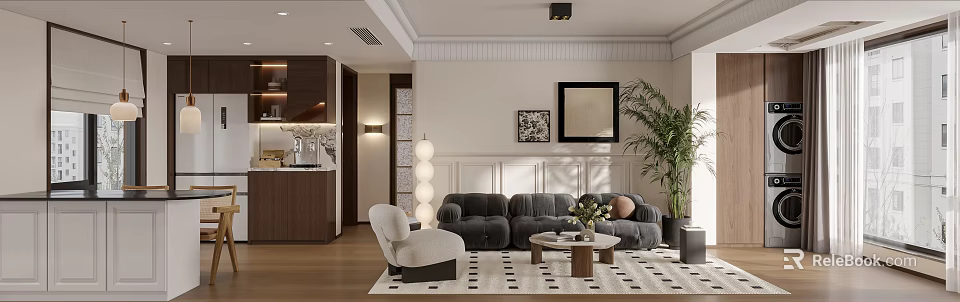 Elegant Modern Dining and Living Room Interior With Sofa Coffee Table and Artwork 3d model