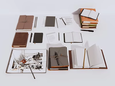 Various Notebooks And Stationery Collection With Open Pages Pens And Stacked Binders 3d model