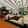 Elegant Office Interior With Wooden Bookshelves Chandelier Sofa Desk Large Windows And Decorative Paintings