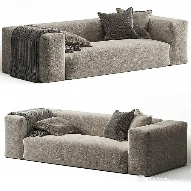 Gray Plush Sectional Sofa With Accent Pillows And Throw Blanket For Modern Living Room 3d model 