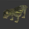Prehistoric Reptile 3D Model With Green Yellow Stripes Stocky Body Short Legs And Large Head