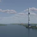 Modern Cable Stayed Bridge With Tower Over River And Green Farmland Hills