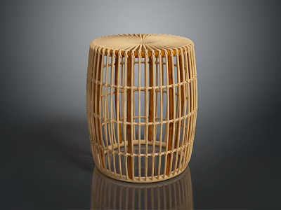 Bamboo Woven Cylindrical Stool with Grid Design and Natural Tone 3d model