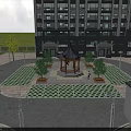 Serene Garden Landscape with Circular Design Pavilion Archway Flowers Trees Stone High Rise Buildings Background