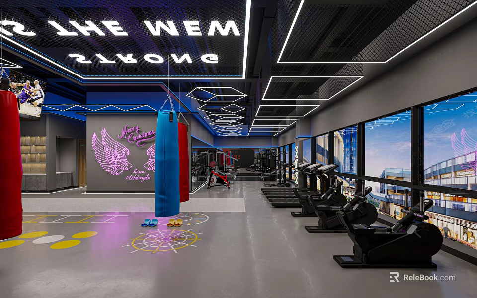 Modern Fitness Gym With Neon Sign Punching Bags Eagle Logo Large Windows And Workout Equipment 3d model 